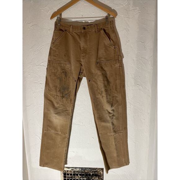 Carhartt Double Knee Work Pants Men’s 32x34 Khaki Distressed - Picture 1 of 3